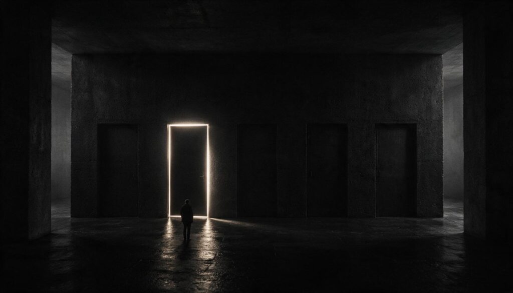 Figura diante de portas identicas, apenas uma aberta com luz, metafora da escolha de uma agencia de branding