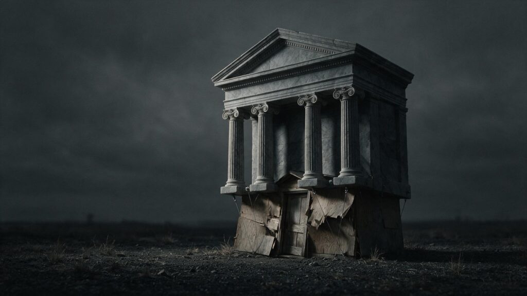 Fachada de mármore monumental apoiada sobre um pequeno barraco de compensado que cede sob o peso